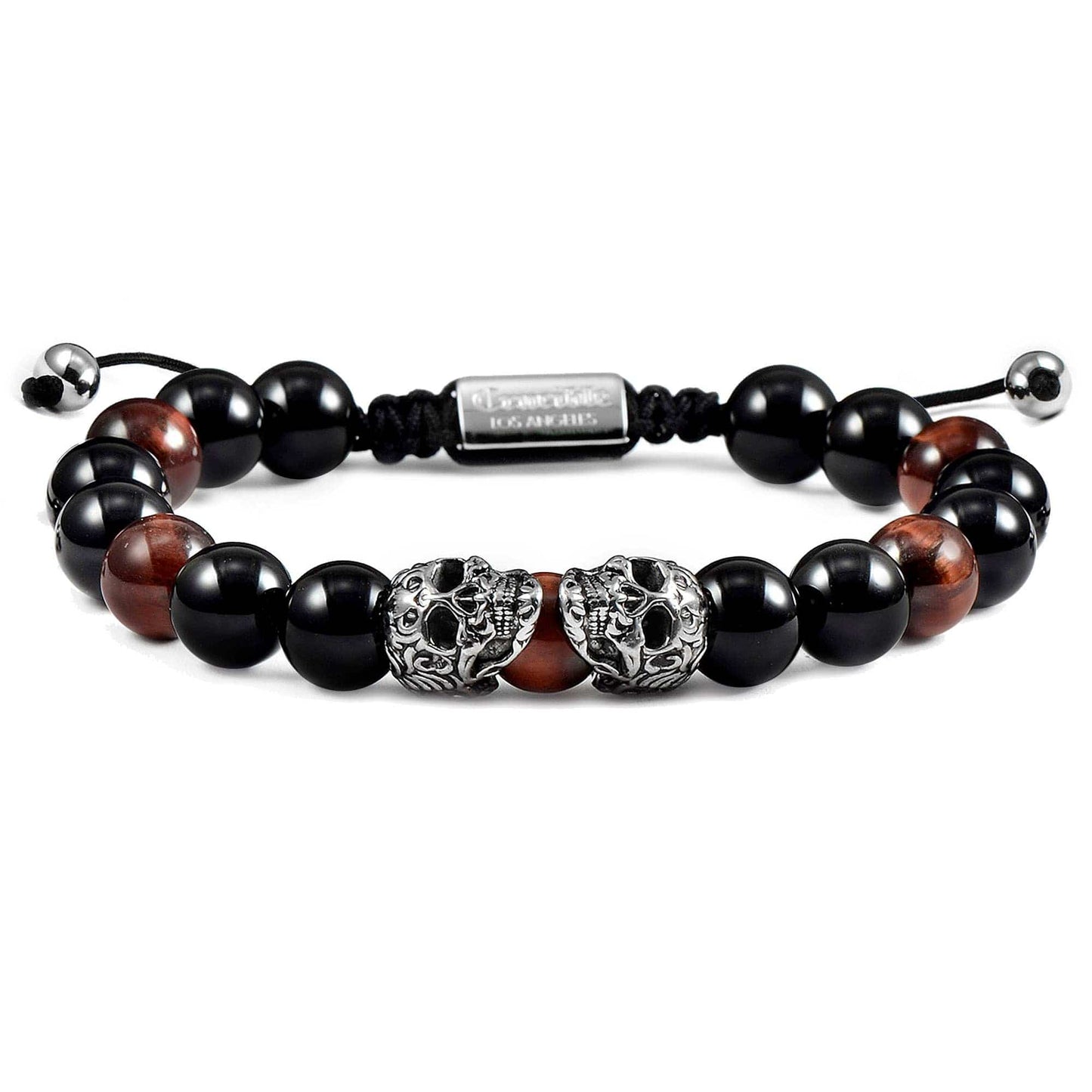 West Coast Jewelry West Coast Jewelry - Crucible Skulls Natural Stone and Onyx Adjustable Bracelet: Green Tiger Eye
