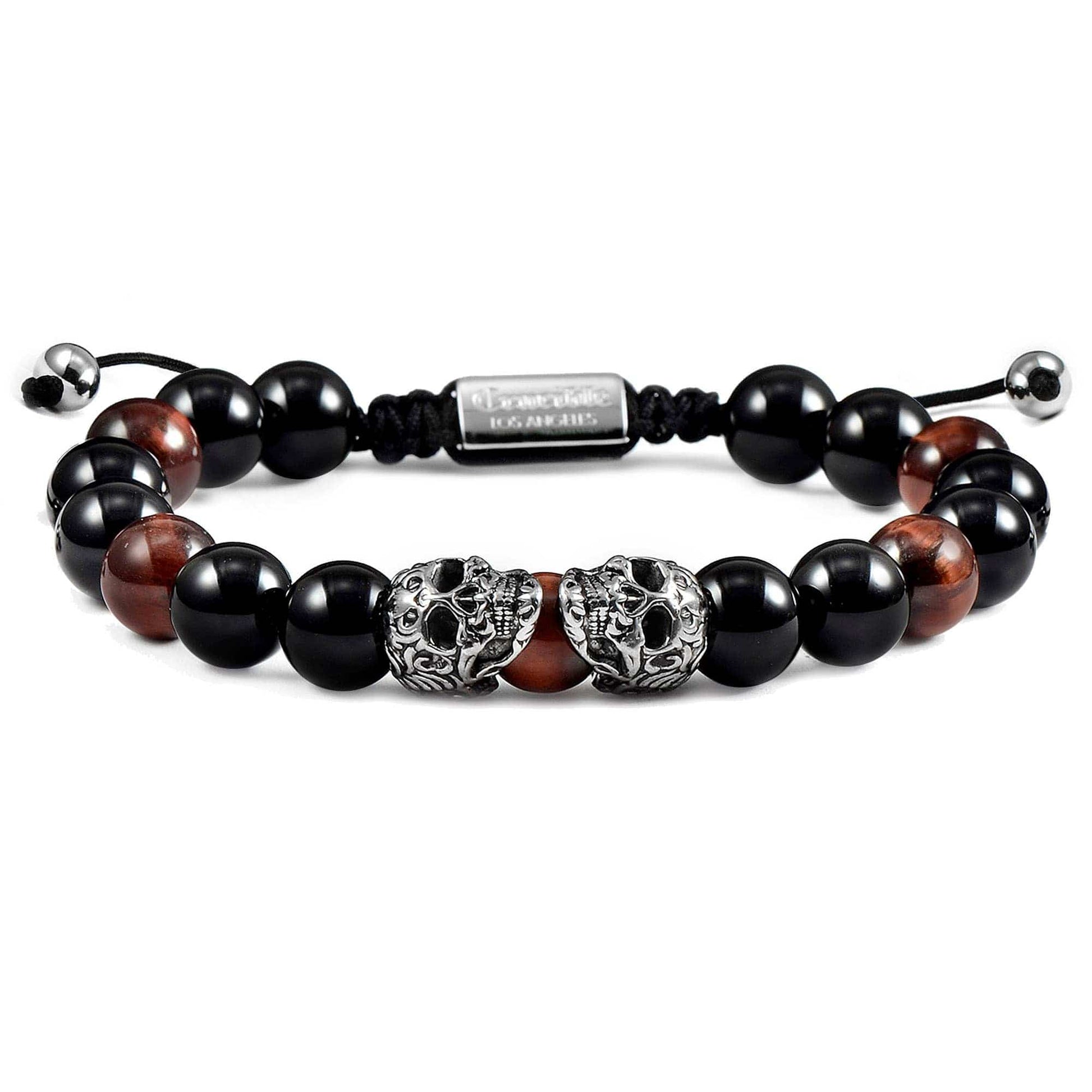 West Coast Jewelry West Coast Jewelry - Crucible Skulls Natural Stone and Onyx Adjustable Bracelet: Green Tiger Eye