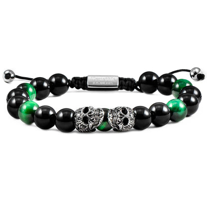West Coast Jewelry West Coast Jewelry - Crucible Skulls Natural Stone and Onyx Adjustable Bracelet: Green Tiger Eye
