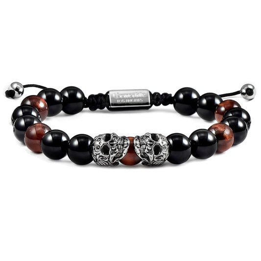 West Coast Jewelry West Coast Jewelry - Crucible Skulls Natural Stone and Onyx Adjustable Bracelet: Red Tiger Eye