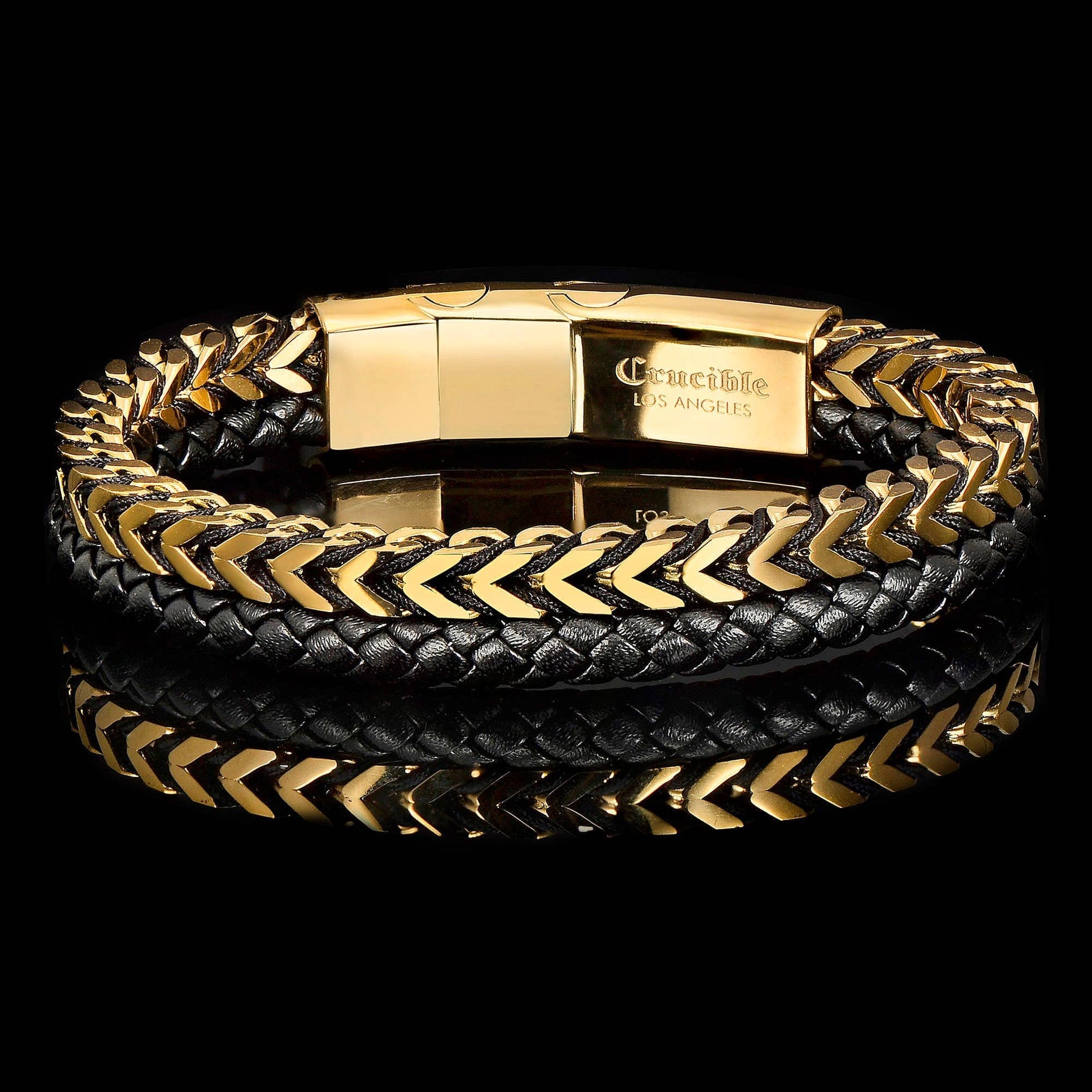 West Coast Jewelry West Coast Jewelry - Crucible Stainless Steel Franco Chain and Leather Bracelet: Gold
