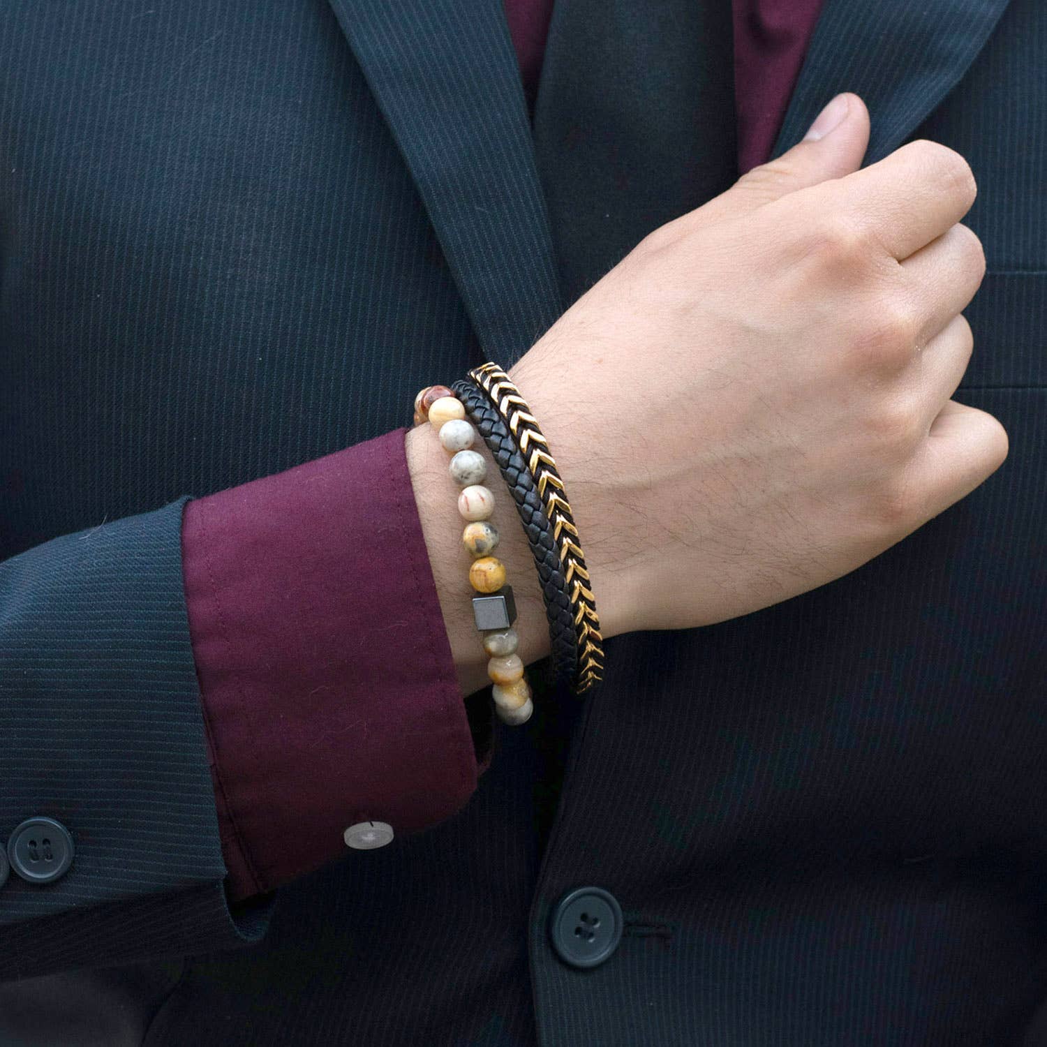 West Coast Jewelry West Coast Jewelry - Crucible Stainless Steel Franco Chain and Leather Bracelet: Gold