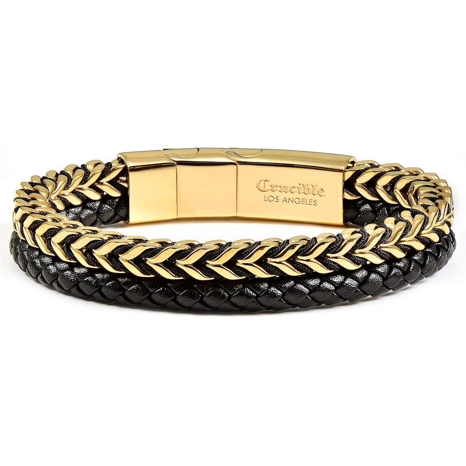 West Coast Jewelry West Coast Jewelry - Crucible Stainless Steel Franco Chain and Leather Bracelet: Gold