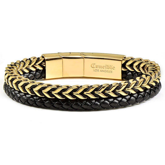 West Coast Jewelry West Coast Jewelry - Crucible Stainless Steel Franco Chain and Leather Bracelet: Gold