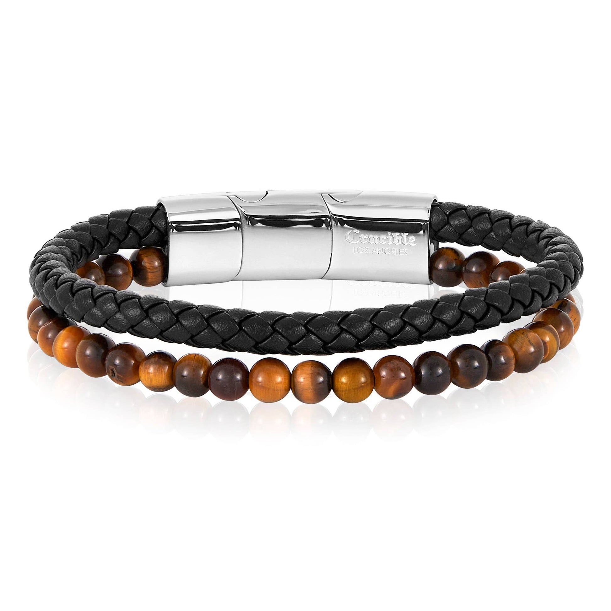 West Coast Jewelry West Coast Jewelry - Crucible Tiger Eye Bead Leather Bracelet - 8.25" + Ext: Black