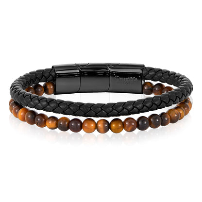 West Coast Jewelry West Coast Jewelry - Crucible Tiger Eye Bead Leather Bracelet - 8.25" + Ext: Black