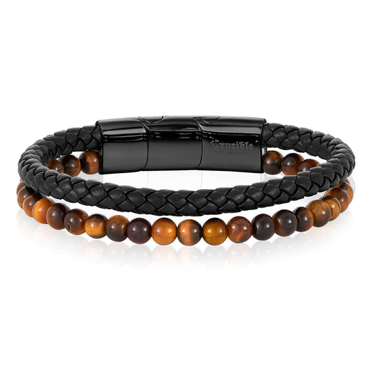 West Coast Jewelry West Coast Jewelry - Crucible Tiger Eye Bead Leather Bracelet - 8.25" + Ext: Black