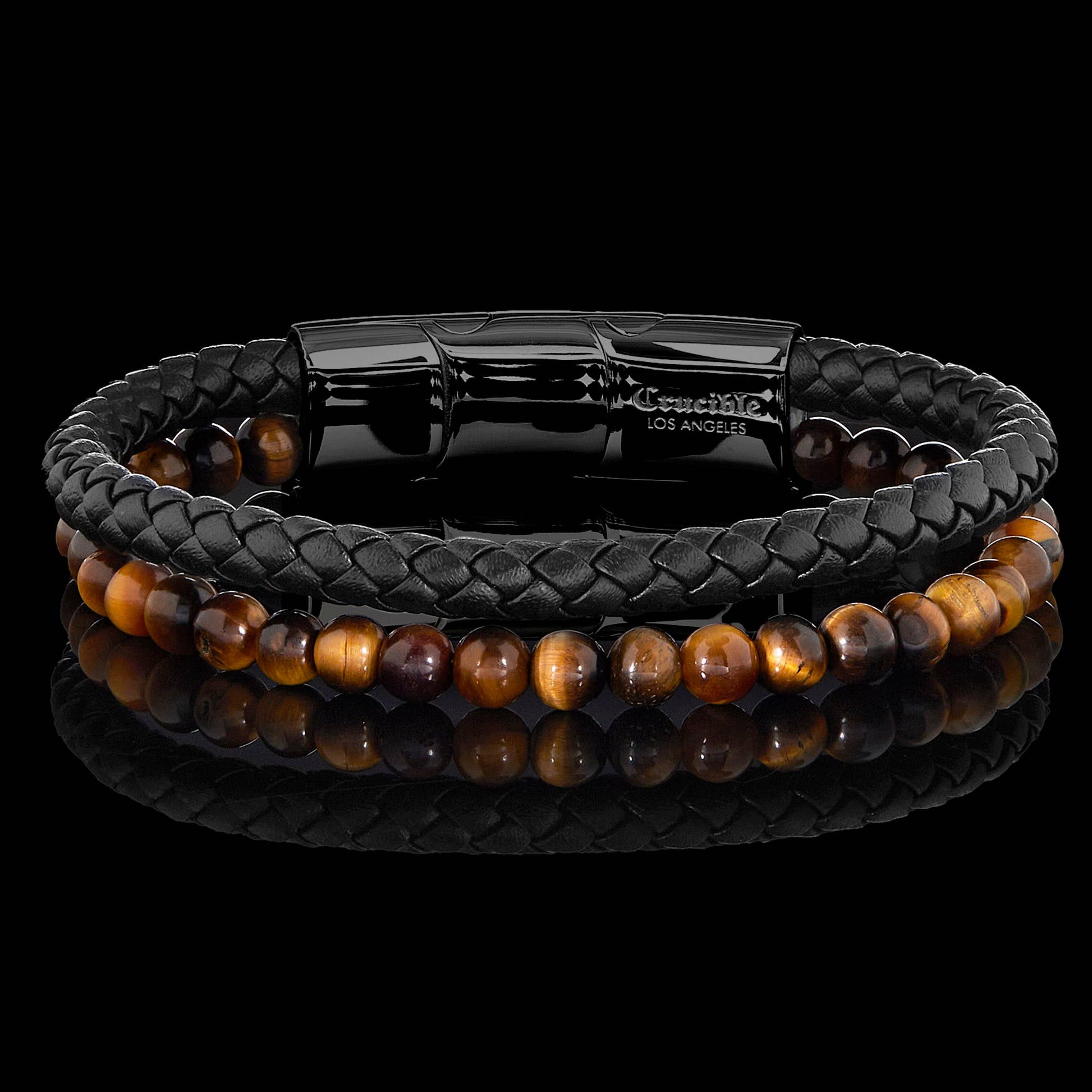 West Coast Jewelry West Coast Jewelry - Crucible Tiger Eye Bead Leather Bracelet - 8.25" + Ext: Silver
