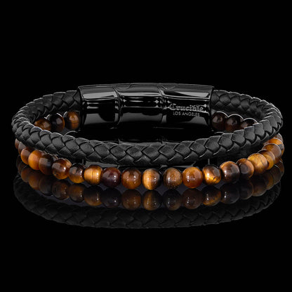 West Coast Jewelry West Coast Jewelry - Crucible Tiger Eye Bead Leather Bracelet - 8.25" + Ext: Silver