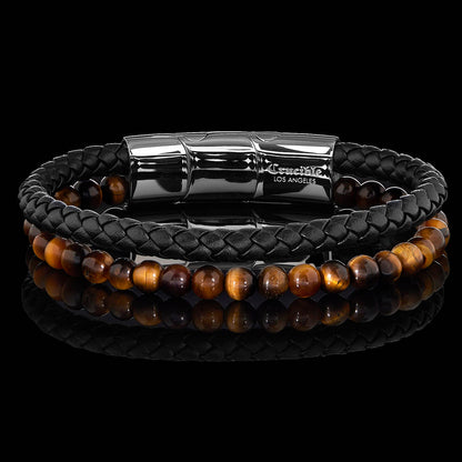 West Coast Jewelry West Coast Jewelry - Crucible Tiger Eye Bead Leather Bracelet - 8.25" + Ext: Silver