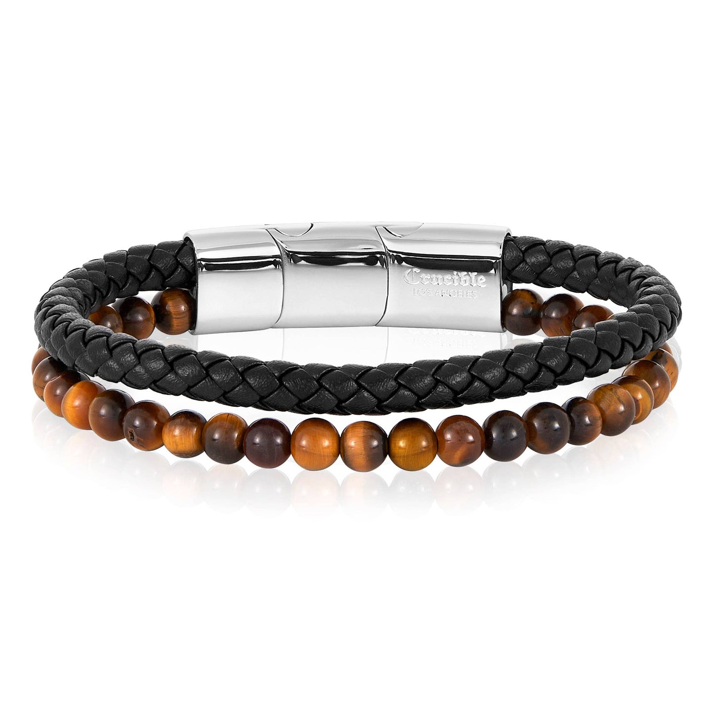 West Coast Jewelry West Coast Jewelry - Crucible Tiger Eye Bead Leather Bracelet - 8.25" + Ext: Silver