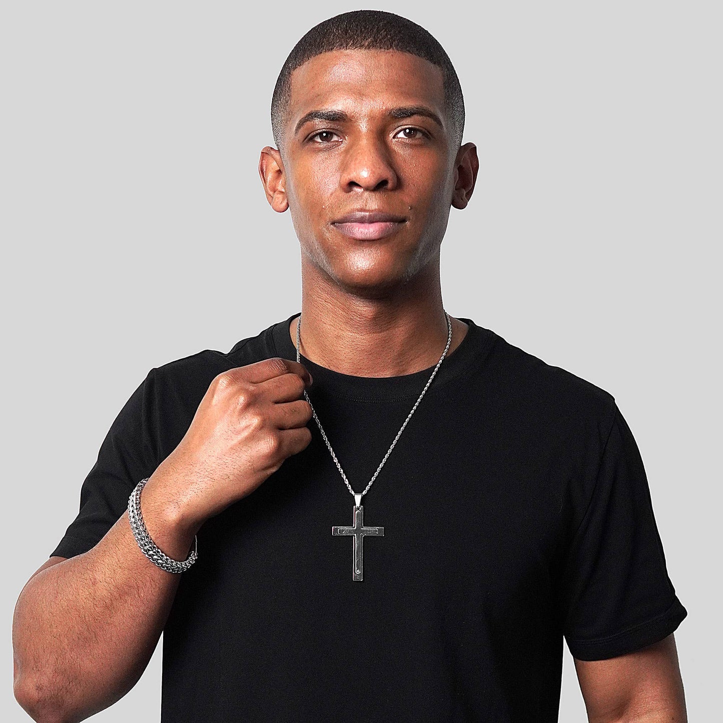 West Coast Jewelry West Coast Jewelry - Invicta Jewelry Polished Layered Steel Cross Necklace - 24"