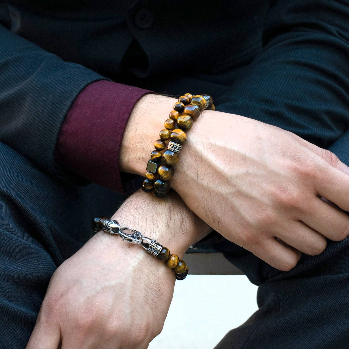 West Coast Jewelry West Coast Jewelry - Natural Stone and Hematite Cube Bead Stretch Bracelet (8mm): Tiger Eye