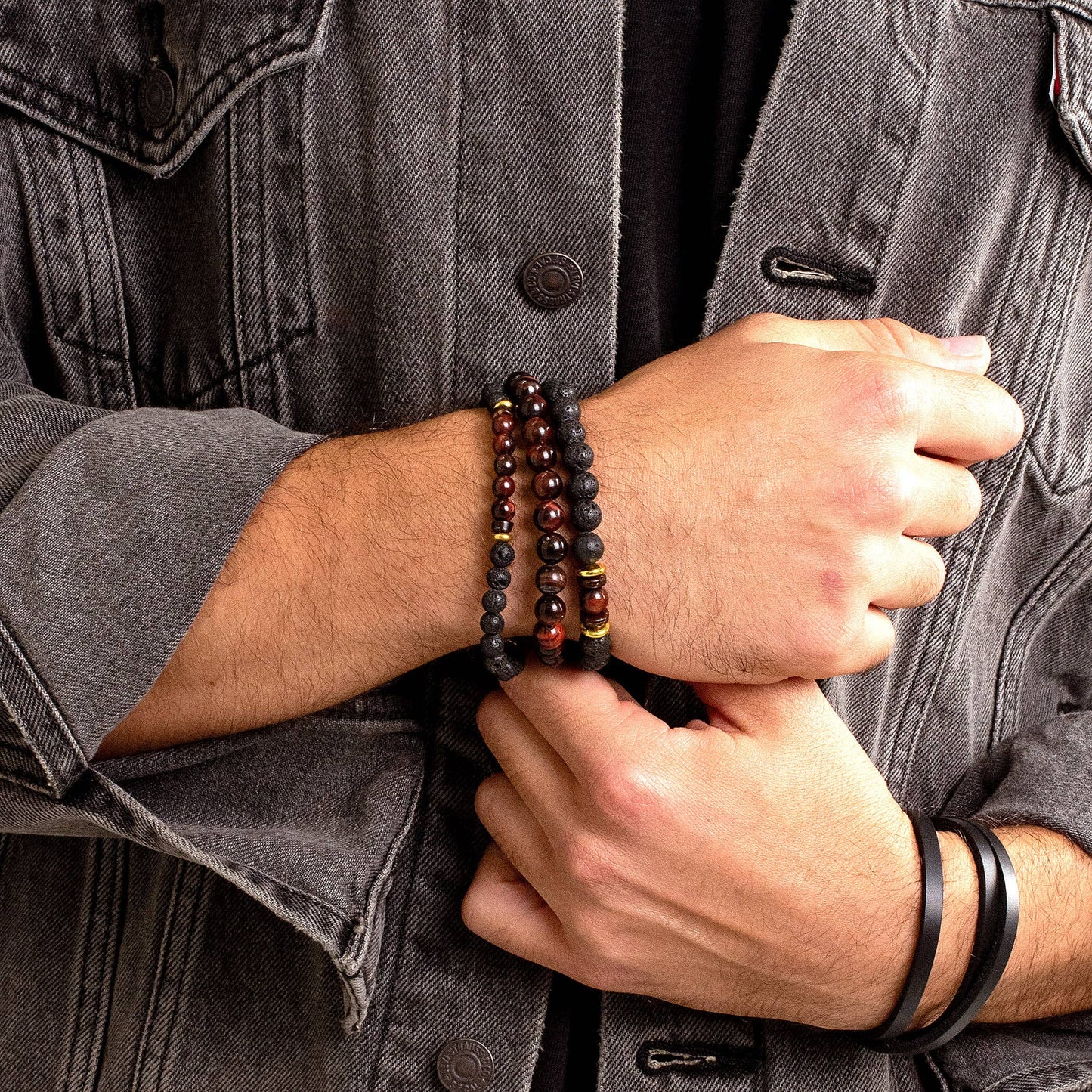 West Coast Jewelry West Coast Jewelry - Natural Stone with Hematite, Lava Bead Bracelet Set of 3: Tiger Eye