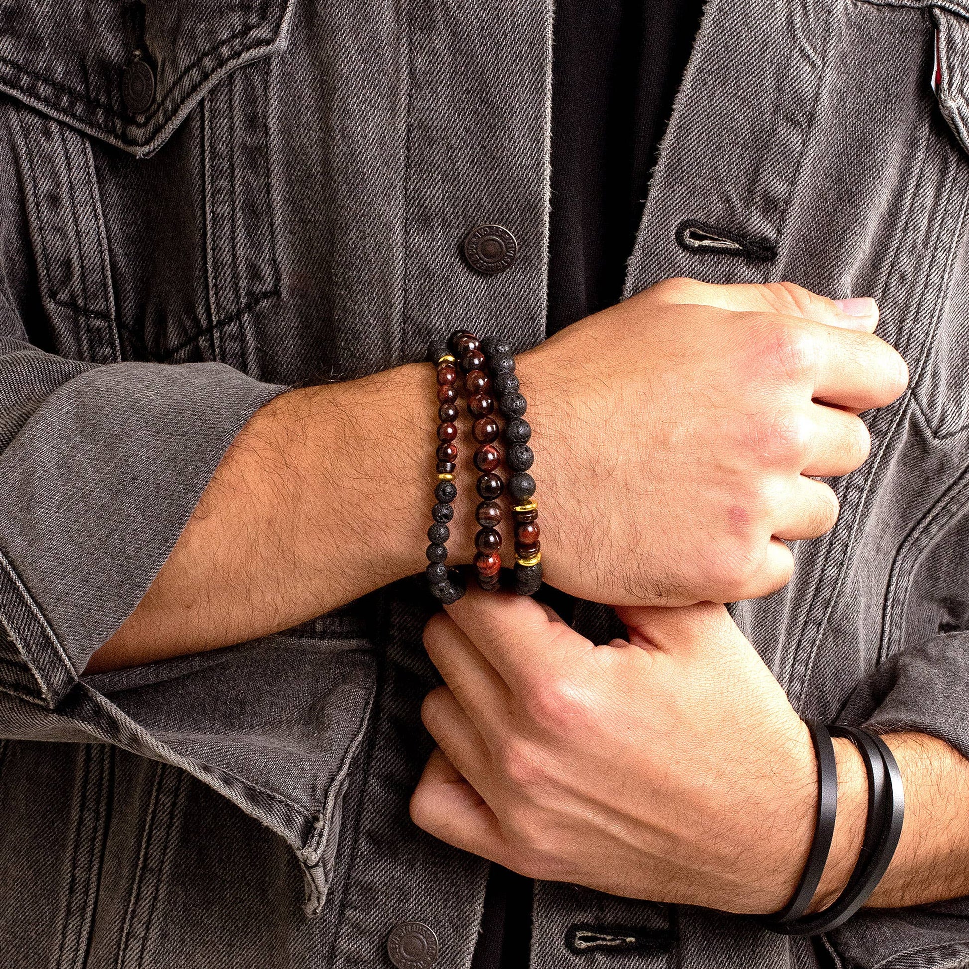 West Coast Jewelry West Coast Jewelry - Natural Stone with Hematite, Lava Bead Bracelet Set of 3: Tiger Eye