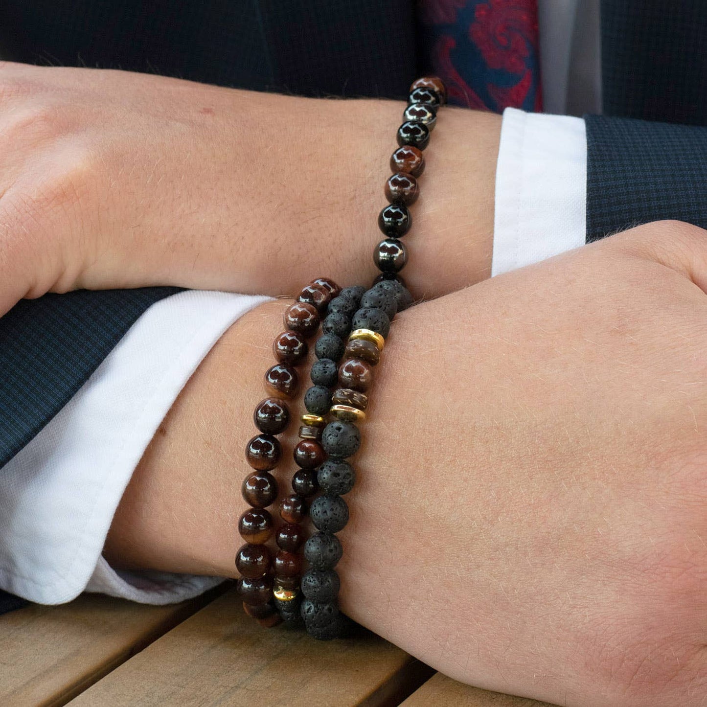 West Coast Jewelry West Coast Jewelry - Natural Stone with Hematite, Lava Bead Bracelet Set of 3: Tiger Eye