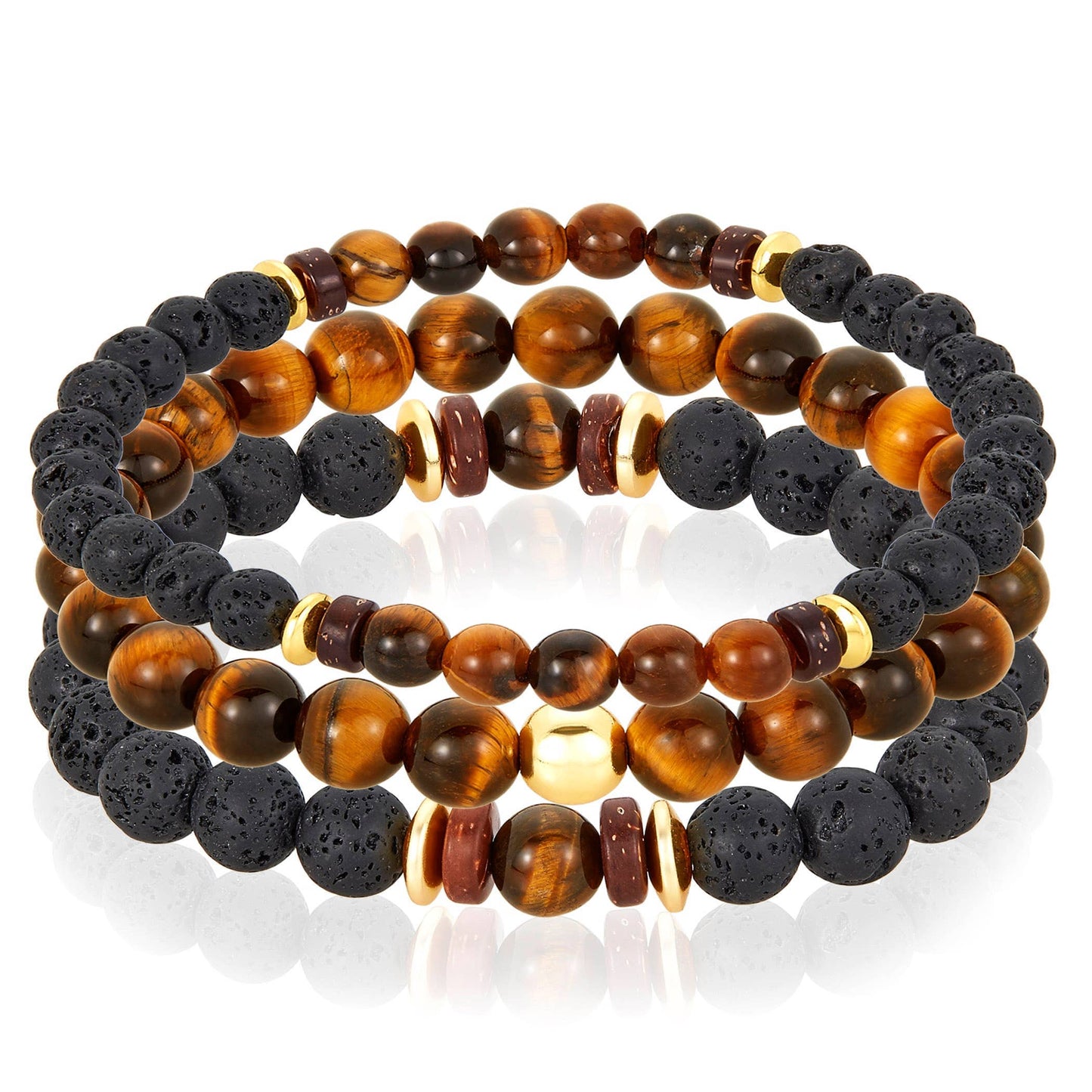 West Coast Jewelry West Coast Jewelry - Natural Stone with Hematite, Lava Bead Bracelet Set of 3: Tiger Eye