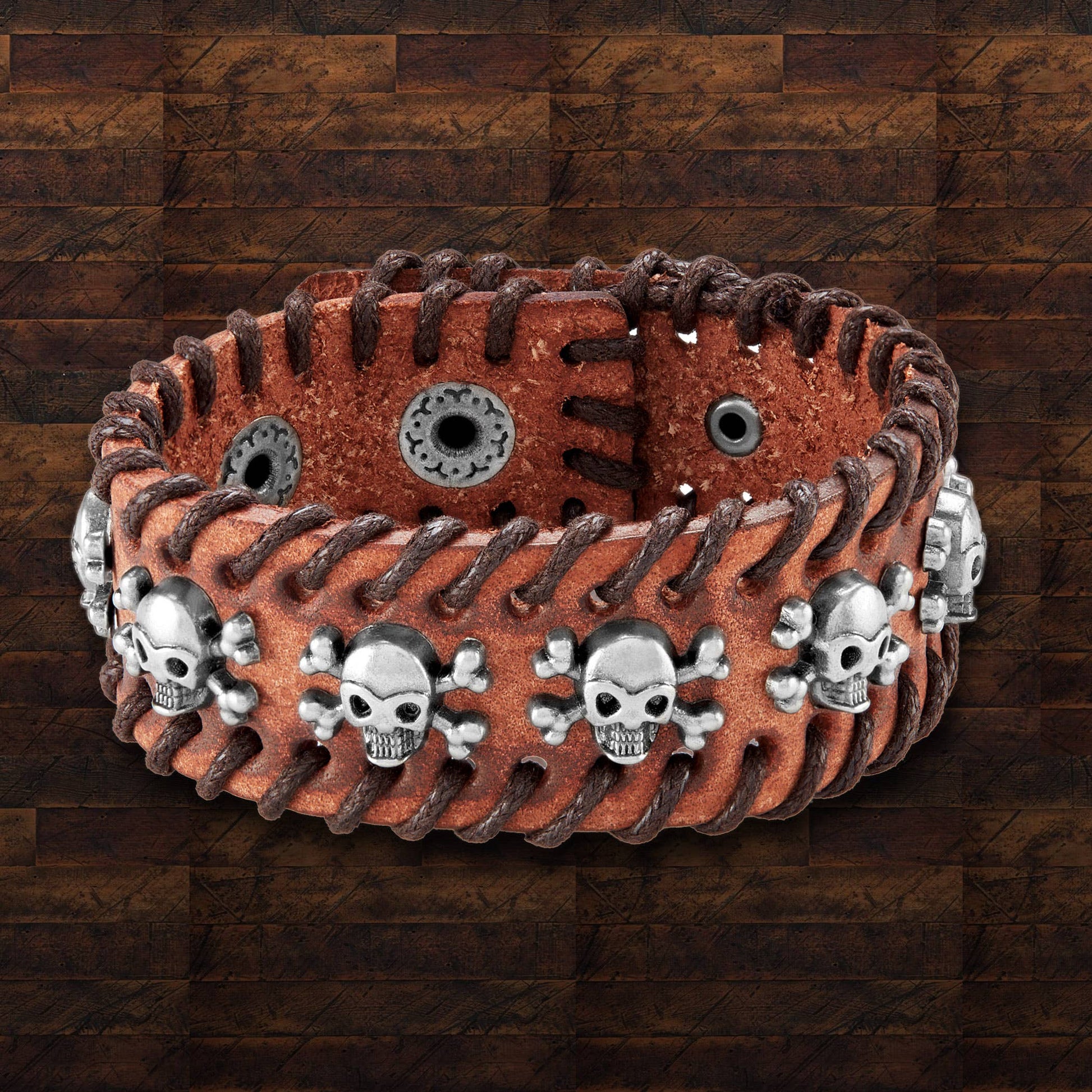 West Coast Jewelry West Coast Jewelry - Stitched Edges Skull Studs Brown Leather Cuff Bracelet