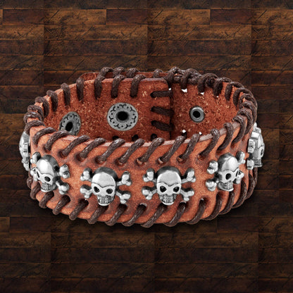 West Coast Jewelry West Coast Jewelry - Stitched Edges Skull Studs Brown Leather Cuff Bracelet