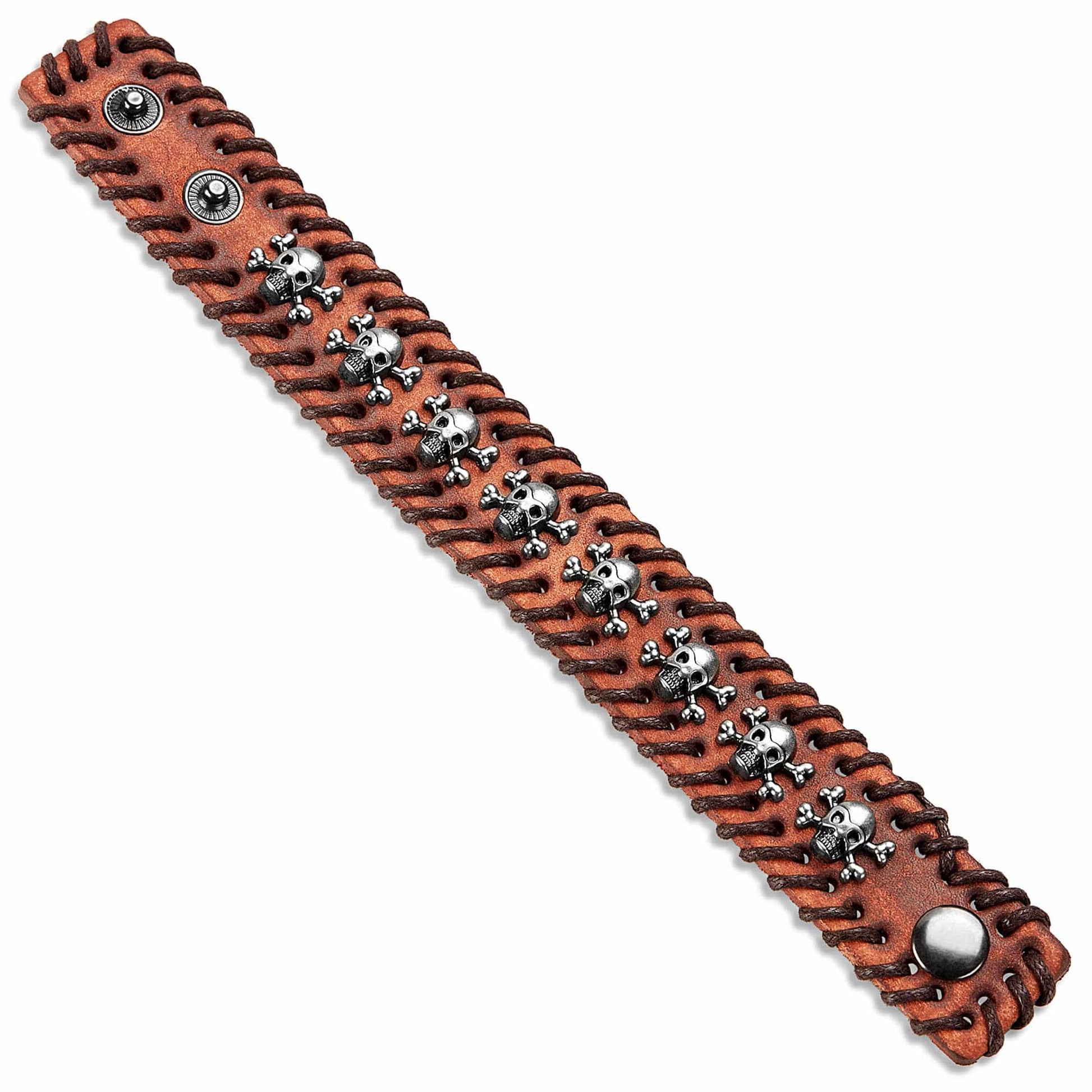 West Coast Jewelry West Coast Jewelry - Stitched Edges Skull Studs Brown Leather Cuff Bracelet
