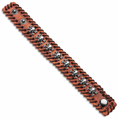 West Coast Jewelry West Coast Jewelry - Stitched Edges Skull Studs Brown Leather Cuff Bracelet