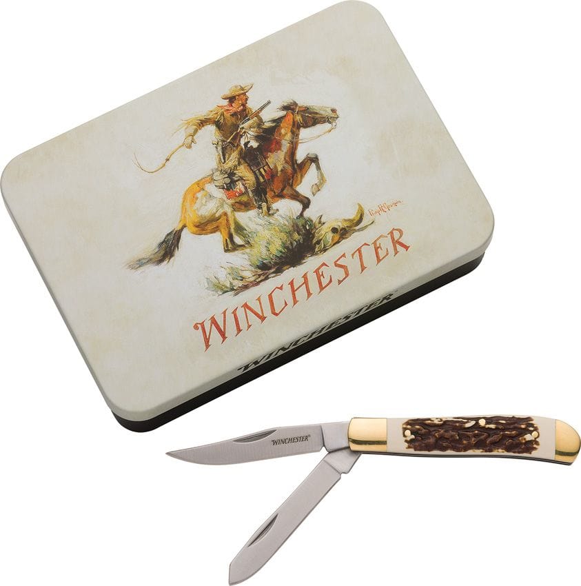 Winchester Pocket Knife Stag Trapper in Tin