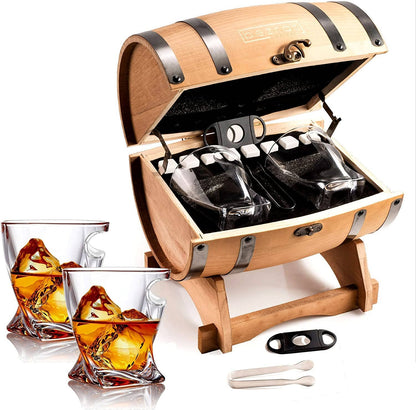 Bezrat Whisky Barrel Gift Set Whiskey Glasses and Accessories In Whiskey Barrel Gift Box